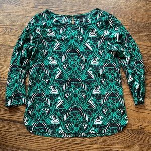 Silk J. Crew Blouse with Keyhole Back in black, green and white